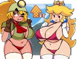 2girls blonde_hair flashing flashing_breasts flashing_tits goombella mario_(series) nintendo paper_mario paper_mario:_the_thousand-year_door paper_peach princess_peach sg64 tagme