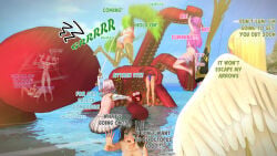 3d absurd_res angel angel_wings armor beach bikini bow digestion digestion_noises english english_text female female_only green_hair harpy harpy_girl henbor hi_res mermaid monster monster_vore octopus pink_hair purple_hair red_hair scared screaming silver_hair squid sun tentacle tentacle_sex vgw_world vore yellow_hair