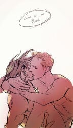 2boys anal arms_around_neck blonde_hair brown_hair bucky_barnes captain_america_(series) closed_eyes collarbone commentary completely_nude english_commentary english_text fanfiction_available floating_hair kiss male_focus male_penetrated marvel multiple_boys muscular muscular_male nude pectorals sex short_hair short_sideburns sideburns speech_bubble steve_rogers yaoi yummyman