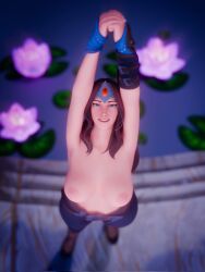 1girl 3d armpits arms_up blender blue_eyes boots breasts brown_hair coldteaenjoyer crown dota dota_2 eye_contact mirana smiling_at_viewer stretching tactical_nudity topless