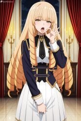 1girl ai_generated blonde_hair blunt_bangs blush breasts curtains digitalwaifugallery dress drill_hair fellatio_gesture green_eyes hi_res high_quality high_resolution indoors jacket kage_no_jitsuryokusha_ni_naritakute! long_hair long_sleeves looking_at_viewer necktie night open_mouth oral_invitation patreon pleated_skirt rose_oriana saliva school_uniform seductive sexy skirt solo tongue tongue_out uncensored very_long_hair watermark white_skirt yellow_eyes