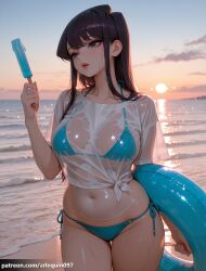 1girl ai_generated aqua_bikini arlequin097 beach bikini bikini_under_clothes black_eyes black_hair blue_bikini breasts cloud covered_navel cowboy_shot evening food halterneck holding holding_food holding_popsicle holding_swim_ring innertube komi-san_wa_komyushou_desu komi_can't_communicate komi_shouko komi_shuuko large_breasts lips long_hair navel no_pants ocean outdoors parted_lips popsicle sand see-through see-through_shirt shirt short_sleeves side-tie_bikini_bottom sky solo standing starfish string_bikini sun sunset swim_ring swimsuit thigh_gap thighs tied_shirt water wet wet_clothes wet_shirt white_shirt