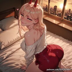 1girl 2026 ai_generated alternate_breast_size anime ass bare_shoulders bed blonde_hair blush boobs breasts buttocks chainsaw_man cleavage crossover demon_horns eye_contact female female_focus flushed from_behind hair_between_eyes heart highres horns huge_breasts indoors inside large_breasts long_hair long_sleeves looking_at_viewer looking_back naughty_face nsfw off_shoulder on_bed parted_lips patreon patreon_username pillow power_(chainsaw_man) red_horns rognezart seductive_smile shirt shorts smile smiling solo sunset symbol-shaped_pupils teeth thick_thighs thighs very_long_hair white_shirt window yellow_eyes