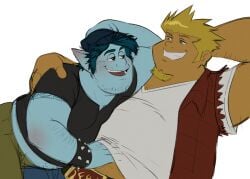 2020 2boys aizenhower barley_lightfoot blonde_hair blue_hair blue_skin chubby crossover disney elf flat_colors gay harold_cooplowski male male_only megas_xlr onward_(2020) pixar simple_background tagme tan_skin white_background yaoi