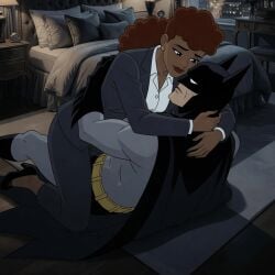1boy1girl ai_generated barbara_gordon batgirl batgirl_(barbara_gordon) batman batman:_caped_crusader batman_(bruce_wayne) batman_(series) bedroom bruce_wayne cape dc_comics fully_clothed gloves kissing looking_at_partner loving_gaze male/female masked_male on_top superhero warner_brothers