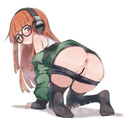 1girl :< aku0 all_fours anus ass bar_censor black_bra blunt_bangs bra censored commentary frown green_jacket headphones highres invisible_floor jacket long_sleeves looking_back looking_down orange_hair perineum persona persona_5 purple_eyes pussy sakura_futaba shirt shorts_around_thighs simple_background sleeves_past_wrists soles solo steam sweat thighhighs torn_clothes torn_thighhighs underwear untranslatable_commentary white_background white_shirt