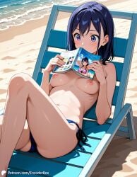 1girls ai_generated beach book breasts casual casual_nudity encoder female lounge_chair nipples no_bra outdoors public public_exposure public_nudity sand sea sitting topless