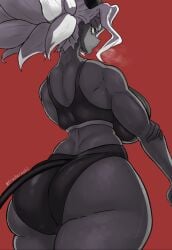 2d 2d_(artwork) after_workout ass ass_focus big_ass big_boobs big_breasts big_thighs boobs breasts dark-skinned_male demon_tail frederpahl heavy_breathing helltaker judgement_(helltaker) massive_ass muscles muscular muscular_female plump_ass posing sports_bra sportswear sweat sweatdrop sweating tagme tail thick_ass thick_thighs thighs white_hair