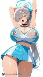 1girl ai_generated armpits arms_up artist_name asuna_(blue_archive) asuna_(bunny)_(blue_archive) asuna_(bunny_girl)_(blue_archive) asuna_(school_uniform)_(blue_archive) bangs blue_archive blue_eyes blue_skirt blush breasts cameltoe cheerleader cleaning_&_clearing_(blue_archive) cleavage cosplay grey_hair hair_over_one_eye halo hibiki_(blue_archive) hibiki_(cheerleader)_(blue_archive) huge_breasts ichinose_asuna long_hair looking_at_viewer millennium_science_school_student navel open_mouth panties pleated_skirt pom_pom_(cheerleading) ponytail questionable senpai_pixels simple_background skirt solo sweat thighs underwear wet white_background
