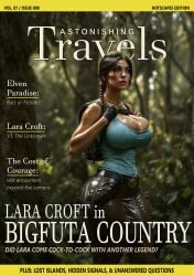 backpack brown_eyes brown_hair cleavage futa_only futanari holster hotscapes huge_ass huge_breasts huge_cock jungle lara_croft lara_croft_(legacy_of_atlantis) looking_away magazine_cover pants shirt sweat sweaty text wet wet_body