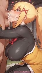 1boy 1girl 2026 ai_generated artist_name big_breasts big_chest big_tits blowjob blowjob_face blush bodysuit boobs breasts bust busty chest cum_in_mouth darkness_(konosuba) deepthroat fellatio hair_ornament heart hetero hi_res high_quality highres kono_subarashii_sekai_ni_shukufuku_wo! large_breasts licking long_hair nude oral oral_sex patreon patreon_username pinkname sucking testicles tits watermark