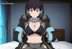 1girl :o ai_generated anime anime_style artist_name bed bikini black_bikini black_coat black_gloves black_hair breast_hold breast_lift breasts cleavage coat curtains en'en_no_shouboutai enen_no_shouboutai fire_force gloves grabbing_own_breast grey_pants hentai hi_res hip_vent indoors kotatsu_tamaki large_breasts long_sleeves looking_at_viewer mystic_maidens navel on_bed open_clothes open_coat orange_eyes pants parted_lips patreon patreon_username solo swimsuit tamaki_kotatsu twintails window yellow_eyes
