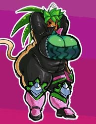 1girls arms_up bbw belly blaster_master blush bodysuit cleavage clothed clothed_female dastardlymenace flower_on_head flower_pot green_hair grey_body inti_creates kanna_(blaster_master) large_belly large_breasts leaf_hair sole_female solo solo_female tail video_games
