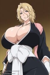 1female 1girl 1girls 2026 ai_generated artist_name big_ass big_breasts black_kimono bleach bleach:_the_thousand-year_blood_war blonde_hair blue_eyes breasts brown_background cleavage curvy gradient gradient_background hair_between_eyes haori hi_res high_quality high_resolution highres huge_ass huge_breasts japanese_clothes jewelry kimono looking_at_viewer matsumoto_rangiku mole mole_under_mouth necklace parted_lips patreon patreon_username rangiku_matsumoto short_hair smile solo unjobdespiert watermark