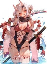 1girls belly_button blush female female_only hair_ornament hololive horns katana klopsiak legwear medium_breasts midriff nakiri_ayame neckwear red_eyes standing stockings swimsuit thighhighs thighs tilted_head water white_hair white_legwear white_thighhighs