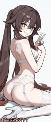 1girl ai_generated ass bangs bare_shoulders black_nails blush bra breasts brokewyt brown_hair flower-shaped_pupils garter_belt genshin_impact grin hair_between_eyes hi_res high_heels high_quality high_resolution highres hoyoverse hu_tao_(genshin_impact) long_hair looking_at_viewer looking_back nail_polish panties simple_background sitting small_breasts smile solo symbol-shaped_pupils thighhighs thong twintails uncensored underwear underwear_only v very_long_hair wariza white_background white_bra white_footwear white_panties white_thighhighs