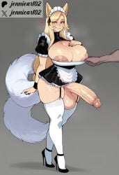 1boy 1girl 1other ai_generated animal_ears apron areola_slip areolae artist_name black_dress black_footwear black_nails blonde_hair blush breasts cleavage clothing dark-skinned_male dark_skin dress erection female fingernails fox_ears fox_girl fox_tail full_body futa_with_male futanari garter_straps grey_background grin headdress headwear high_heels huge_breasts huge_penis intersex jennieart02 kitsune large_breasts large_penis large_testicles legwear long_fingernails long_hair looking_at_viewer maid maid_apron maid_headdress multiple_tails nipples patreon patreon_logo patreon_username penis precum puffy_sleeves shoes short_sleeves simple_background skindentation smile solo_focus standing sweat tail testicles thick_thighs thighhighs thighs twitter twitter_username uniform veins veiny_penis watermark white_thighhighs yellow_eyes