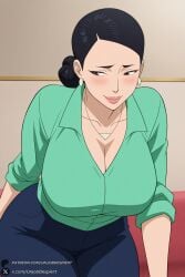 1female 1girl 1girls 2026 ai_generated artist_name big_ass big_breasts black_hair blue_pants blush breasts brown_eyes cleavage collarbone collared_shirt curvy debbie_grayson denim earrings green_shirt hair_bun hi_res high_quality high_resolution highres huge_ass huge_breasts indoors invincible invincible_(tv_series) jeans jewelry large_breasts lips looking_at_viewer mature_female necklace pants patreon patreon_logo patreon_username shirt single_hair_bun sitting sleeves_rolled_up smile solo unjobdespiert watermark
