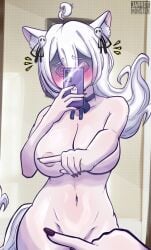 1girls animal_ears areolae big_breasts blush breasts exhibitionism female fox_ears fox_girl ghost_girl hispanic_virtual_youtuber indie_virtual_youtuber latam_virtual_youtuber light-skinned_female light_skin long_hair mirror phone pookyboo purple_eyes selfie vtuber vtuberfanart white_hair