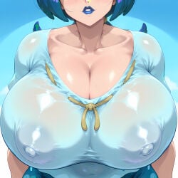 ai_generated big_breasts blue_hair blue_lipstick breast_focus gifted11 huge_breasts lana's_mother_(pokemon) light-skinned_female milf nipple_bulge nipples pokemon pokemon_sm