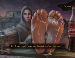 1girl 1girls 2d 2d_(artwork) absurd_res absurdres alternate_version_at_source alternate_version_available barefoot bethesda_softworks brotherhood_of_steel brotherhood_of_steel_(fallout) clothed clothed_female clothing color cum cum_on_feet cumshot deivhoyna dialogue dialogue_box digital_drawing_(artwork) digital_media_(artwork) fallout fallout_new_vegas feet female female_focus female_only foot_fetish foot_focus hi_res high_resolution highres hood light-skinned_female light_skin nuka-cola obsidian_entertainment power_fist soles solo solo_female solo_focus toe_ring toes veronica_santangelo video_game_character video_games