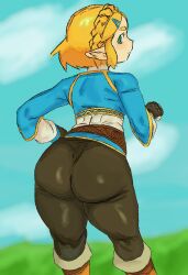 ass big_ass blonde_hair blue_eyes breath_of_the_wild dumbwitchyy fingerless_gloves looking_back nintendo pants princess_zelda shirt tears_of_the_kingdom