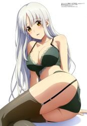 1girls absurd_res arifureta_shokugyou_de_sekai_saikyou ass ass_focus black_garter_belt black_garter_straps blush bra breasts brown_eyes brown_socks brown_thighhighs cleavage collarbone dot_nose female_focus garter_belt garter_straps green_bra green_panties highres japanese_text large_breasts legs lingerie long_hair looking_at_viewer looking_back megami_magazine official_art open_mouth panties scan shirasaki_kaori shoulder_blades sitting socks solo solo_focus stomach thick_thighs thighhighs thighs translation_request underwear very_long_hair white_hair yellow_eyes