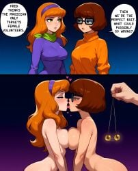1boy 2girls 2koma ai_generated asymmetrical_docking blush blushing breast_press breasts brown_eyes brown_hair daphne_blake english_text eye_contact french_kiss glasses green_eyes hairband heart hypnosis instant_loss_2koma kissing lesbian_kiss long_hair long_sleeves looking_at_another mind_control naked notreallyhere nude open_mouth orange_hair orange_turtleneck parted_lips pendulum pov scarf scooby-doo short_hair text tongue tongue_kiss tongue_out turtleneck velma_dinkley yuri