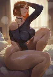 1girl ai-assisted alternate_breast_size bare_shoulders bed black_choker black_sweater blurry blurry_background blush bottomless breasts brown_eyes brown_hair choker clothes_lift collarbone cropped_sweater curtains hand_on_own_head indoors jujutsu_kaisen knee_up kugisaki_nobara large_breasts lips long_sleeves looking_at_viewer mommy no_panties nobara_kugisaki off-shoulder_sweater off_shoulder on_bed parted_lips patreon_logo patreon_username pillow ribbed_sweater shexyo short_hair sitting solo sweat sweater sweater_lift thick_thighs thighs underboob