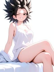 1girl absurd_res absurdres ai-created ai-generated ai_art ai_generated artist_name athletic_female bare_legs bare_shoulders black_eyes black_hair boobs breasts bust caulifla chest cleavage collarbone crossed_legs dragon_ball_super dragon_ball_z feet_out_of_frame female fit_female grin gumtoof hi_res high_quality high_resolution looking_at_viewer medium_breasts morning one_eye_closed patreon shirt short_hair simple_background sitting sleeveless smile solo spiked_hair stable_diffusion tagme tank_top thighs tits uncensored white_background white_shirt white_tank_top