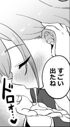 1girl after_fellatio blush ceras_yanagida_lilienfeld close-up closed_eyes commentary_request cum ear_blush fingernails greyscale hasu_no_sora_school_uniform heart hetero highres holding_own_hair kamono_hashigo long_hair love_live! love_live!_hasu_no_sora_jogakuin_school_idol_club monochrome school_uniform sound_effects speech_bubble spitting_cum