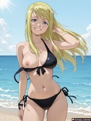 1girl 1girl1boy ai_generated beach bikini blonde_female blonde_hair blue_eyes breast_slip earrings fullmetal_alchemist fullmetal_alchemist_brotherhood hair_in_wind hand_in_hair looking_at_viewer medium_breasts nipple_slip ocean omega_weirdo patreon posing posing_for_the_viewer sand seductive_pose smile smiling smiling_at_viewer solo solo_focus wind winry_rockbell