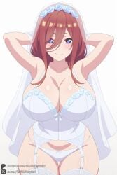 1female 1girl 1girls 2026 ai_generated armpits arms_behind_head arms_up artist_name bangs big_ass big_breasts blue_eyes blush breasts bridal_veil brown_hair cleavage closed_mouth collarbone curvy flower garter_belt garter_straps hair_between_eyes hi_res high_quality high_resolution highres huge_ass huge_breasts large_breasts lingerie long_hair looking_at_viewer miku_nakano nakano_miku panties patreon patreon_username simple_background smile solo thighhighs thighs underwear unjobdespiert veil watermark white_background white_panties white_thighhighs