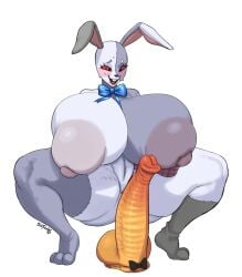 1girl 1girls dildo female female_focus female_only five_nights_at_freddy's five_nights_at_freddy's:_security_breach gigantic_breasts huge_breasts huge_dildo junbutfreaky nervous rabbit solo squatting sweating vanny_(fnaf)
