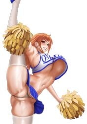 1girls ass_visible_through_thighs big_breasts blue_skirt bottomwear breasts brown_eyes cheerleader cheerleader_outfit cheerleader_uniform clothing ear_piercing earrings footwear hair holding_object huge_breasts leg_lift leg_raised leg_up legwear long_hair nami_(one_piece) nao019750655 one_piece orange_hair pantyshot pom_poms raised_leg short_skirt skirt smile sweat sweatdrop sweating sweaty thighhighs thong topwear transparent_background underwear white_thighhighs white_thong