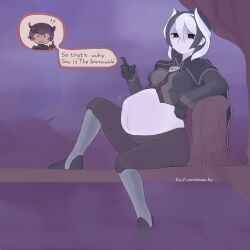 1boy 1girls black_and_white_hair black_eyes black_gloves dialogue english_text female female_focus fetal_movement full_body fully_clothed gloves hair_between_eyes legs linea_nigra looking_at_viewer made_in_abyss medium_breasts outie_navel ozen pale-skinned_female pale_skin pregnant reg sauce_hou short_hair sitting solo_focus two-tone_hair white_body white_skin