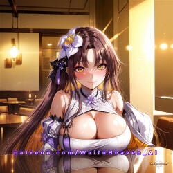 1girl ai_generated bare_shoulders big_breasts blunt_bangs blush blushing brown_hair cafe cleavage cleavage_cutout cleavage_overflow collarbone detached_sleeves epic7 epic_seven flower_in_hair frills hair_flower hair_ornament halterneck huge_breasts illustration indoor innocent innocent_expression innocent_smile large_breasts lens_flare light_source lipstick long_hair makeup nipples nipples_visible_through_clothing orange_eyes patreon patreon_username puffy_sleeves purple_flower reflection restaurant saint sideboob slutty_female smile smiling_at_viewer solo squishy_breasts sunset sweat sweaty table thight_clothing underbust url waifu waifuheaven waifuheaven_ai watermark white_dress white_flower window yellow_eyes