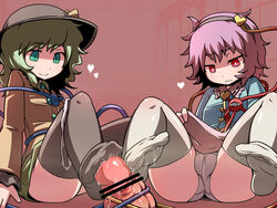 2girls black_legwear brown_hair dress feet footjob hair_ornament hairband hakika hat heart koishi_komeiji multiple_girls no_shoes panties panties_around_leg penis purple_eyes purple_hair satori_komeiji short_hair siblings sisters slit_pupils thighhighs third_eye tied_penis toes touhou underwear white_legwear white_panties