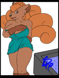 anthro big_breasts bluepawpanda breasts canine female fox fur furry furry_tail multiple_tails nintendo pokemon pokemon_(species) solo tagme tail towel video_games vulpix