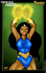 alternate_version_available arm_bracers arms_up arms_up_over_head artist_name artist_signature big_breasts black_hair breasts brown_eyes forehead_jewel leotard looking_at_viewer pookie princess_ariel_(thundarr_the_barbarian) ruby-spear_productions thundarr_the_barbarian