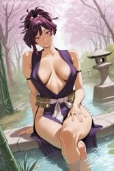1girl ai_generated bare_shoulders breasts breasts_apart cherry_blossoms cleavage collarbone cup hi_res high_quality high_resolution japanese_clothes jigokuraku kimono large_breasts lips looking_at_viewer no_bra onsen outdoors patreon purple_eyes purple_hair revealing_clothes sash savvyraexo seductive sexy sitting sleeveless_kimono smile soaking_feet solo thighs tree uncensored water watermark yuzuriha_(jigokuraku)