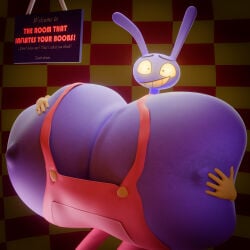 1boy 3d 3d_(artwork) awkward_smile black_eyebrows boob_spillage boob_squish boobs_out breast_expansion breast_growth breast_inflation breast_squeeze breast_squish breasts_out bunny busty_male buttons checkered_background expansion exposed_breasts exposed_nipples glowing_eyes hand_on_breast hires hyper hyper_boobs hyper_breasts inflated_breasts inflation jax_(tadc) jax_(the_amazing_digital_circus) male male_only male_with_breasts nipples nipples_visible_through_clothing notsobretheren overalls purple_body rabbit red_clothing sign small_pupils smile smiling_at_viewer solo tadc teeth text the_amazing_digital_circus tight_clothing yellow_eyes yellow_gloves