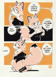 1girls 1other 2026 2d anthro artist_signature ass back_view black_shirt black_topwear bottomless bottomless_female bra_strap_is_showing_(meme) breasts censor_bar censored censored_ass color colored comic dialogue digital_drawing digital_media edtropolis english_text fox fox_girl fox_tail furry furry_female furry_tail glasses looking_at_self looking_back melanie_fox meme no_bra offscreen_character orange_body orange_fur sitting speech_bubble tail text topwear topwear_only