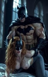 1boy1girl age_difference ai_generated barbara_gordon batgirl batgirl_(barbara_gordon) batman batman_(bruce_wayne) batman_(series) bruce_wayne cape dc_comics from_behind from_behind_position gloves half_naked leather_clothing male/female masked_female masked_male older_male superhero warner_brothers younger_female