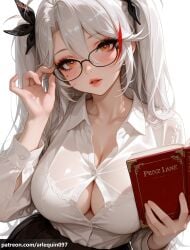 1girl adjusting_eyewear ai_generated alternate_costume antenna_hair arlequin097 azur_lane bespectacled black-framed_eyewear black_ribbon black_skirt blush book bra bra_peek bra_visible_through_clothes breasts button_gap cleavage collarbone collared_shirt dress_shirt glasses hair_between_eyes hair_ribbon hand_up head_tilt holding holding_book large_breasts lips long_hair long_sleeves looking_at_viewer mole mole_on_breast mole_under_eye multicolored_hair orange_eyes parted_lips partially_unbuttoned pink_lips pleated_skirt prinz_eugen_(azur_lane) red_hair ribbon see-through shirt shirt_tucked_in simple_background skirt solo streaked_hair taut_shirt two_side_up underwear upper_body very_long_hair white_background white_bra white_hair white_shirt