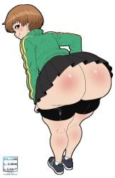 ass ass_focus ass_up bent_over bubble_butt butt_focus chie_satonaka looking_at_viewer looking_back persona_(series) persona_4 satonaka_chie skirt skirt_down skirt_pull smiling_at_viewer