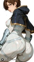 1girl ai_generated artist_name ass ass_focus bangs blush bodysuit breasts brown_eyes brown_hair cameltoe capelet closed_mouth covered_nipples evie_(stellar_blade) from_behind hood lips looking_at_viewer looking_back medium_breasts patreon questionable see-through shift_up shiny short_hair simple_background skin_tight solo stellar_blade stellar_blade:_blood_rain sweat wet wet_clothes white_background