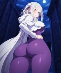 1girls ai_generated ass bangs blush braid breasts cape cloak elf emilia_(re:zero) eyebrows_visible_through_hair flower from_behind full_moon hair_flower hair_ornament hair_ribbon hood hood_down large_breasts long_hair looking_at_viewer looking_back moon night night_sky pointy_ears purple_eyes re:zero_kara_hajimeru_isekai_seikatsu ribbon silver_hair solo thighs white_flower