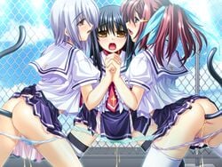 3girls anal anal_insertion black_hair blue_eyes blush buttplug_tail game_cg goshujinsama_daisuki kuu_spitfire long_hair multiple_girls murakumo_sakura open_mouth panties peeing red_eyes red_hair school_uniform shishiouin_hime silver_hair skirt underwear yellow_eyes young