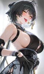 ai_generated big black blush breasts eyes female_rover_(wuthering_waves) hair long out rover_(wuthering_waves) sideboob sleeveless sweat sweating tongue wuthering_waves yellow